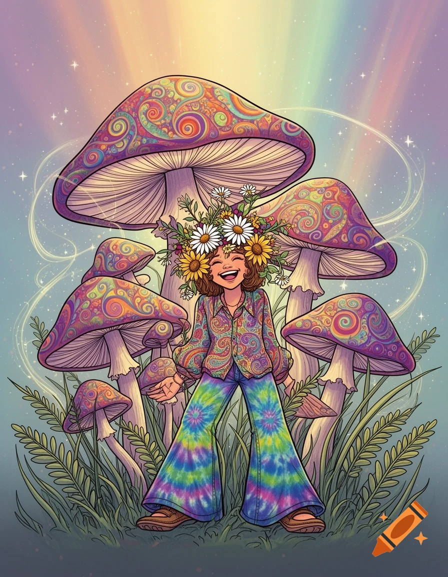 A happy hippie person with a flower crown stands smiling among large, vibrant psychedelic mushrooms and grass in a colorful illustration.