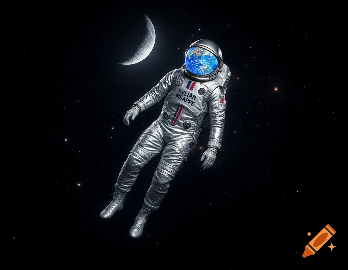 A silver-suited astronaut with the Earth reflected in their helmet floats in deep space, a crescent moon and stars in the background.