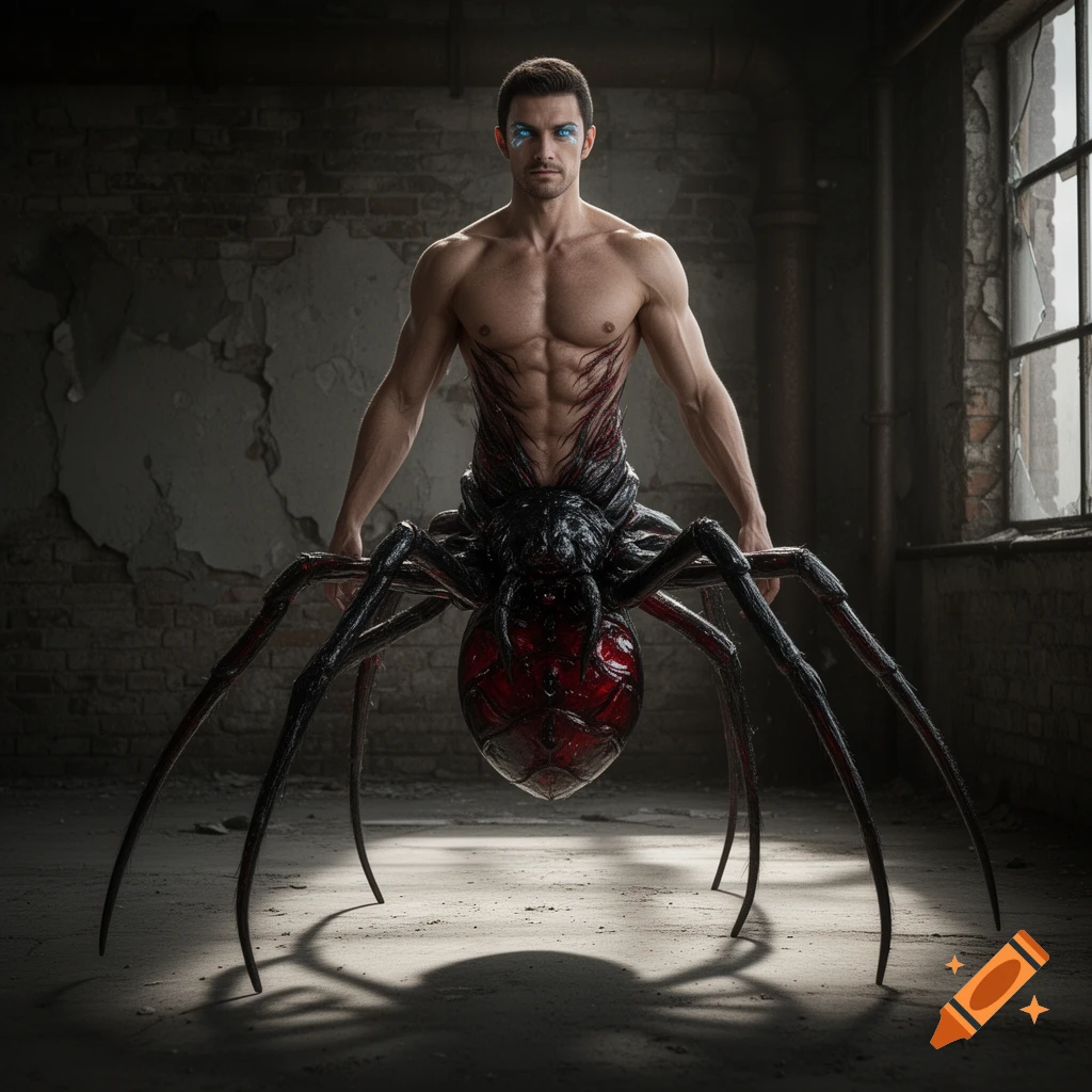 A muscular man with blue face markings merges with a large, dark red and black spider body in a desolate room.