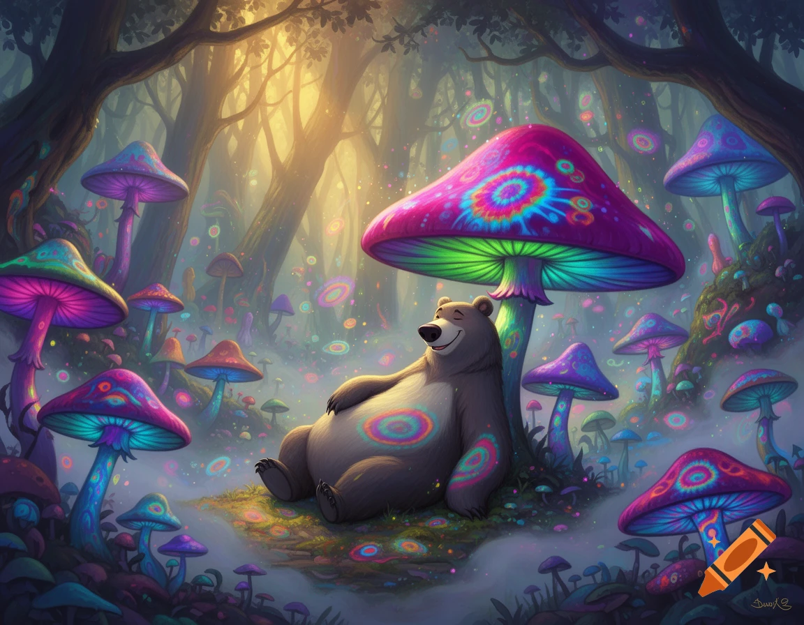 A happy bear relaxes under a giant, vibrant psychedelic mushroom in a colorful fantasy forest, surrounded by smaller glowing mushrooms.