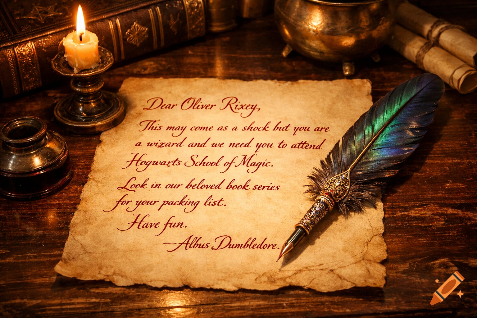 Vintage letter from Dumbledore on parchment with a quill, inkwell, candle, and books on a wooden table.