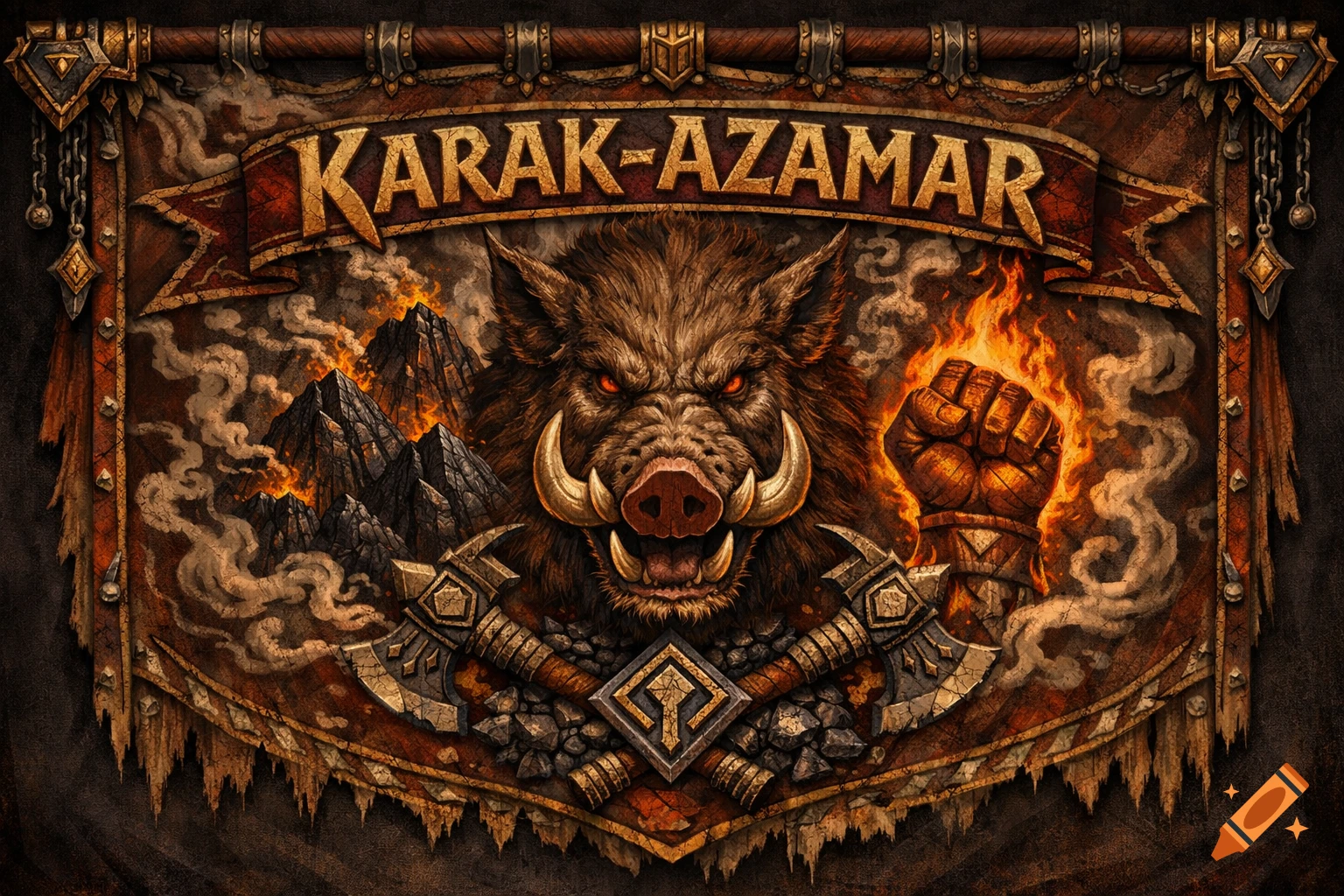 A detailed fantasy banner features a snarling wild boar head with red eyes, a flaming fist, crossed axes, and fiery mountains. The text 'KARAK-AZAMAR' is on a banner.