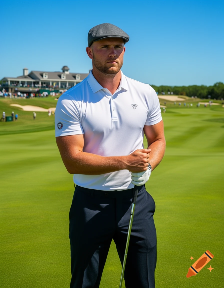 A man in a white polo shirt, dark pants, and a grey flat cap stands on a golf course, holding a golf club.