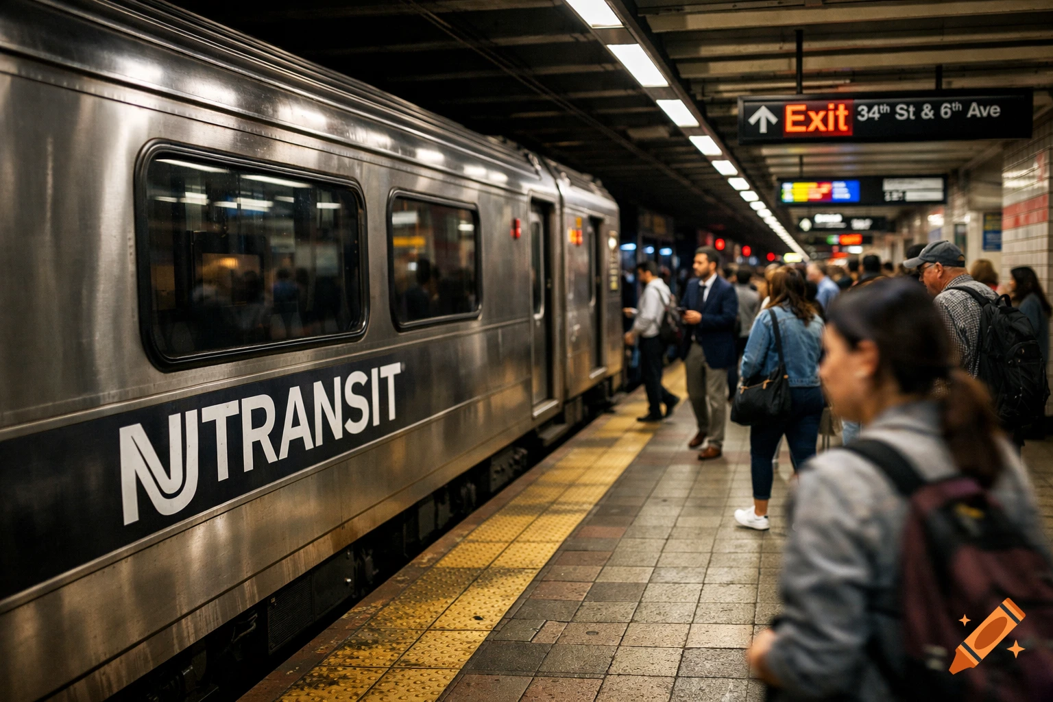 Photorealistic image of a subway train at a busy station platform with passengers waiting and an exit sign.