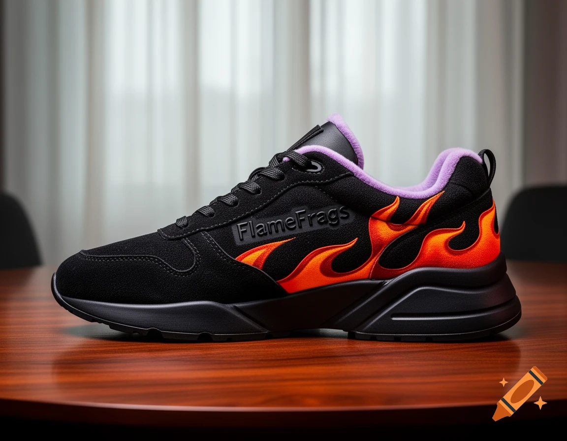 A black sneaker with orange flames and purple lining, featuring "FlameFrags" on the side, sits on a wooden table.