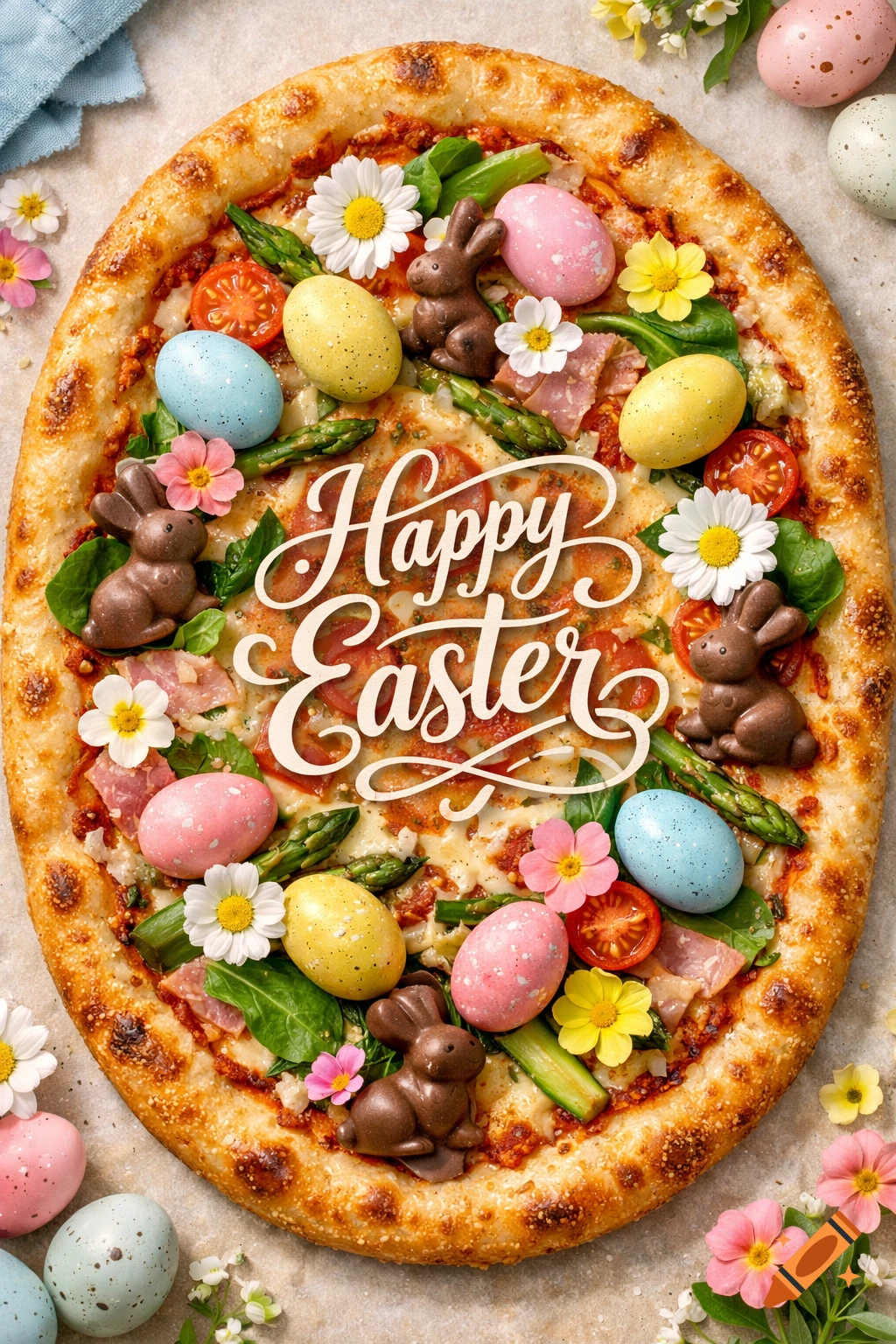 Photorealistic top-down view of an oval Easter pizza decorated with colorful eggs, chocolate bunnies, and flowers, featuring "Happy Easter" text.