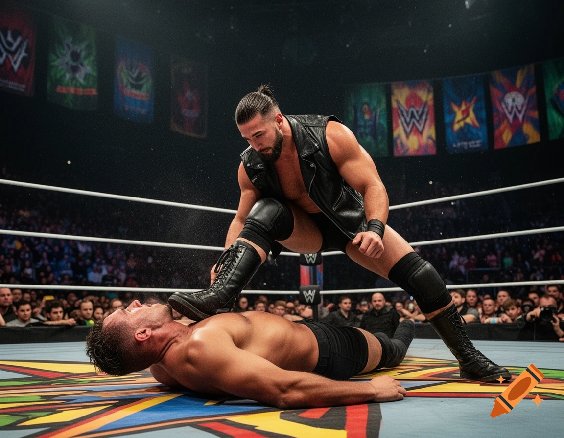 A professional wrestler in a leather vest and boots steps on the face of his opponent lying on the mat in a brightly lit arena.