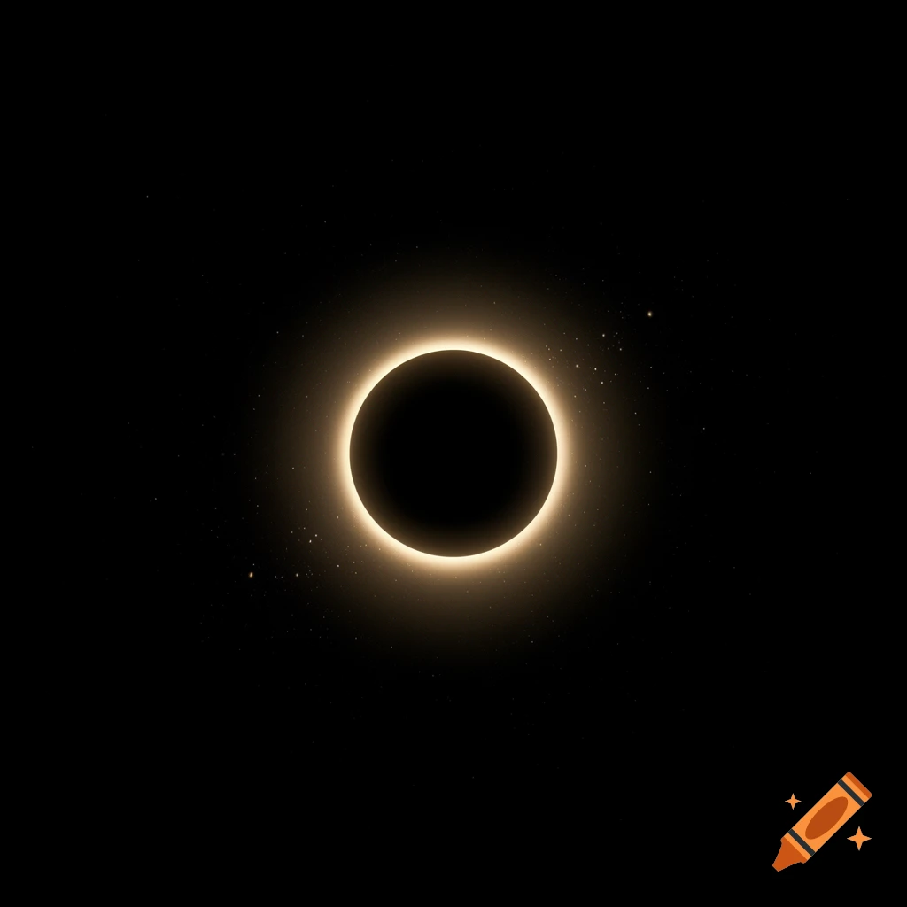 A total solar eclipse with a black disk surrounded by a bright, golden corona and subtle stars in deep space.
