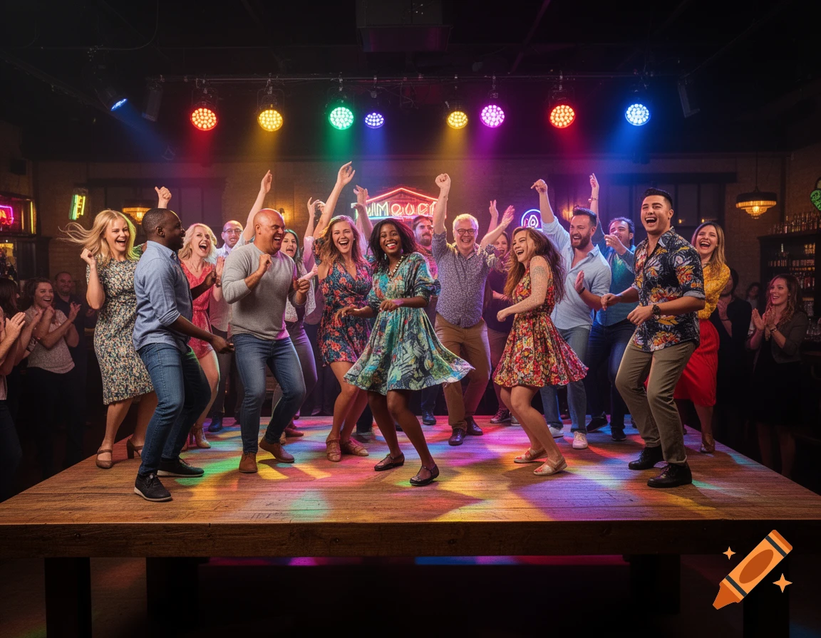 A diverse group of people joyfully dancing and cheering on a wooden table in a club with colorful spotlights.
