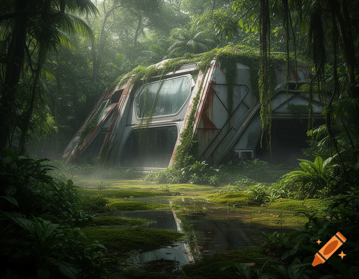 Rusted, abandoned sci-fi structure covered in vines and moss, partially submerged in a mossy pool within a dense, misty jungle.