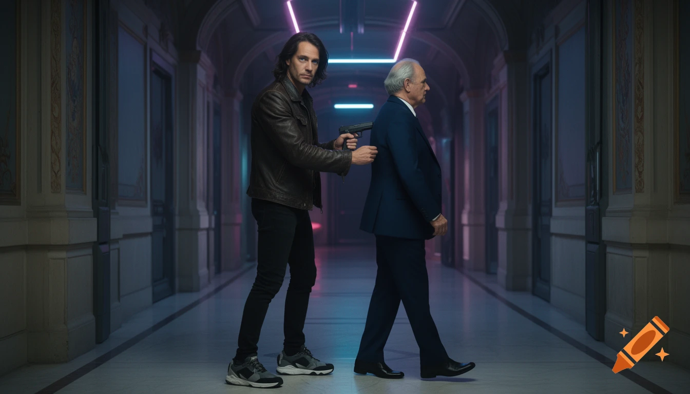A man in a leather jacket holds a pistol to the back of another man in a suit in a neon-lit, ornate hallway, cinematic realism.
