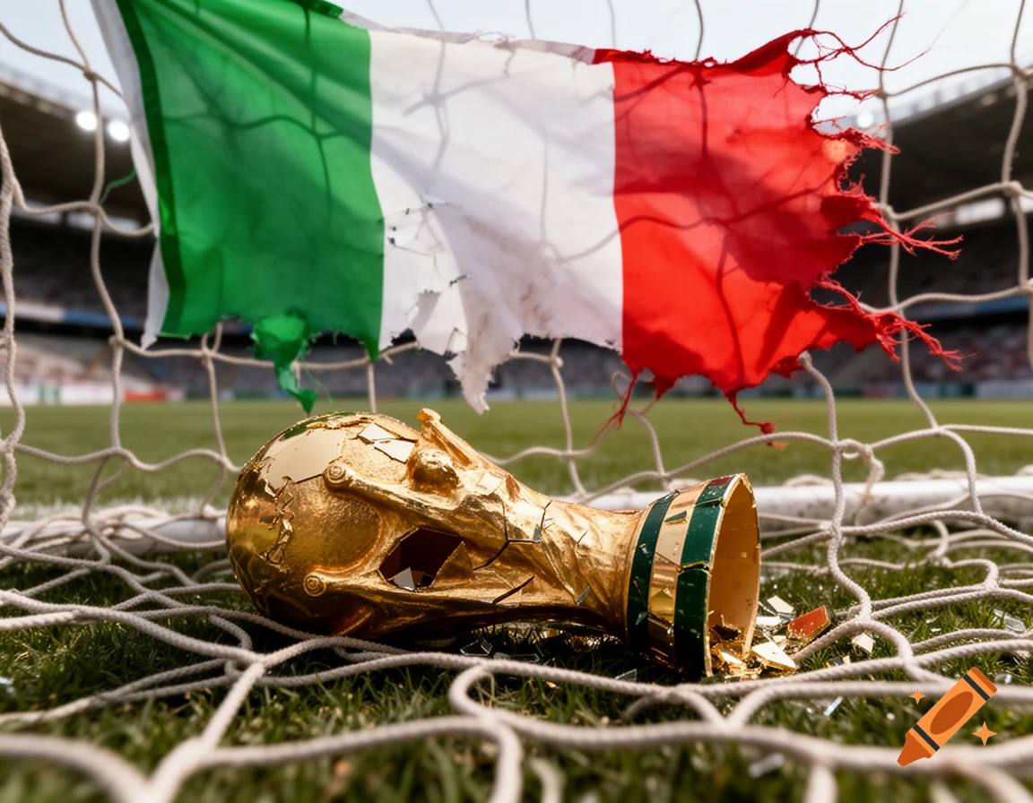 A broken golden World Cup trophy lies in a soccer goal net, with a tattered Italian flag fluttering behind it in a stadium.