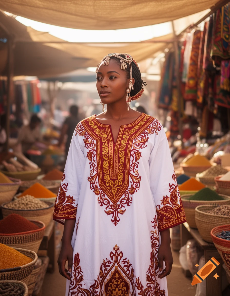 A woman in a white and red embroidered dress and ornate headpiece stands in a bustling market filled with baskets of spices.