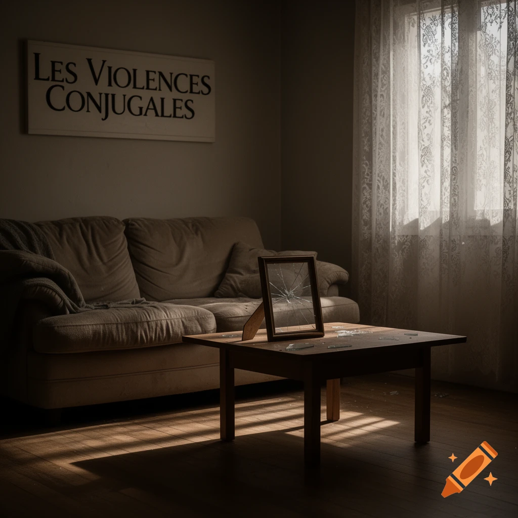 Dimly lit living room with a beige couch, a broken picture frame on a wooden table, and a sign reading 'LES VIOLENCES CONJUGALES' on the wall.