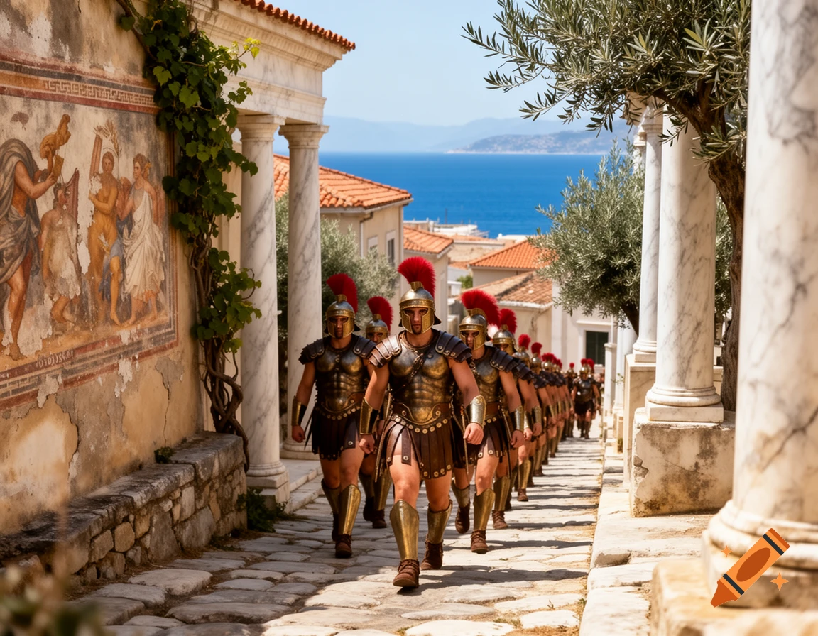 Photorealistic image of armored Roman soldiers marching uphill on a stone street in a sunlit ancient town, with a frescoed wall and the sea in the background.