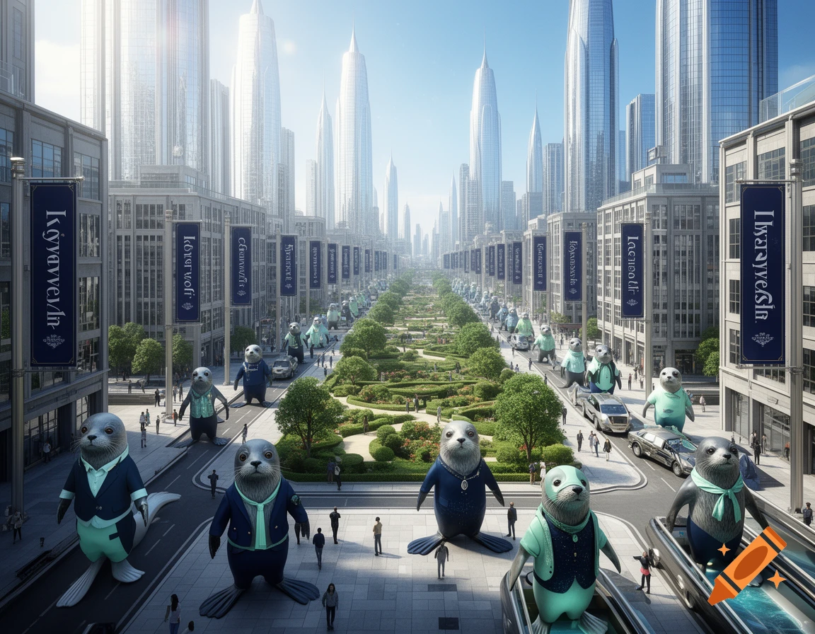 Anthropomorphic seals in business attire walk in a futuristic city street with tall skyscrapers and green median strips.