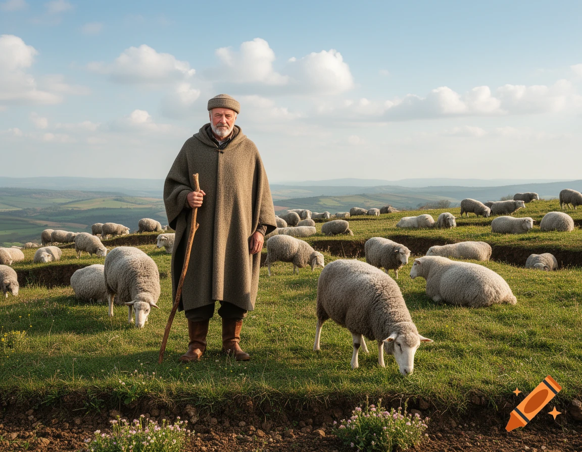 A photorealistic image of an old shepherd with a staff, surrounded by a flock of sheep grazing on a green hill under a blue sky.