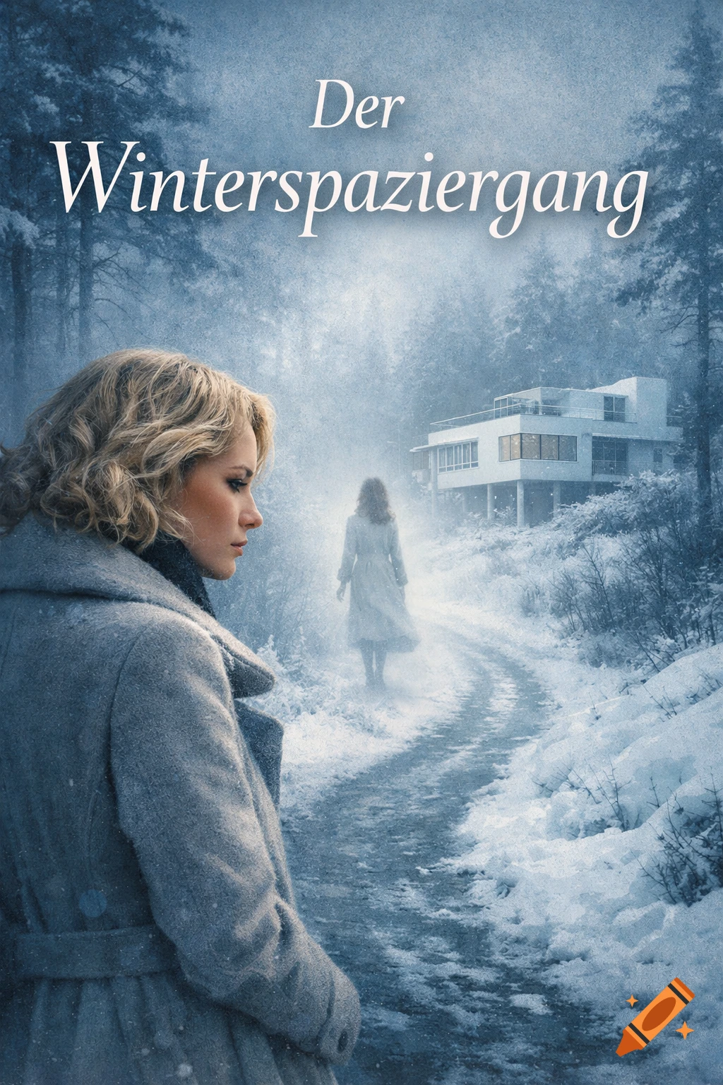 A woman in a grey coat gazes left on a snowy path. Another woman walks towards a modernist house in a wintry forest. Title "Der Winterspaziergang".