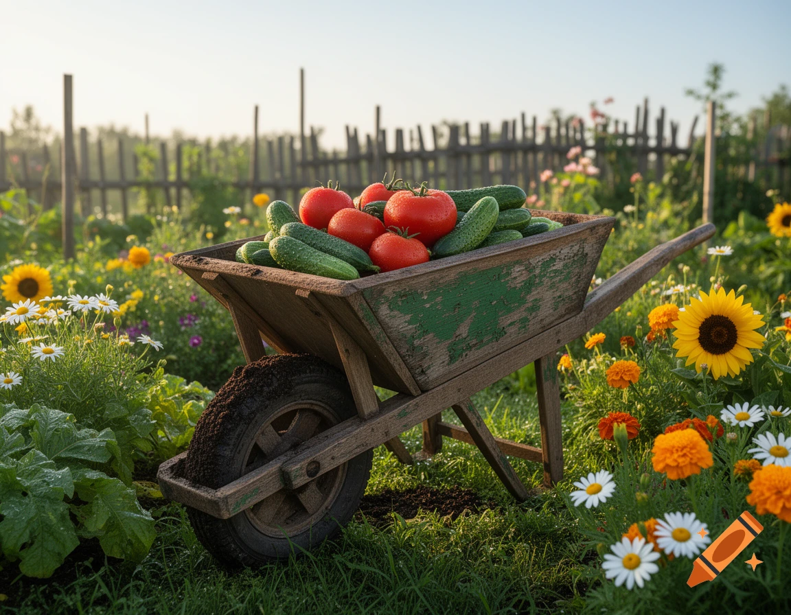 A rustic wooden wheelbarrow overflowing with red tomatoes and green cucumbers sits in a sunny garden among sunflowers and daisies.