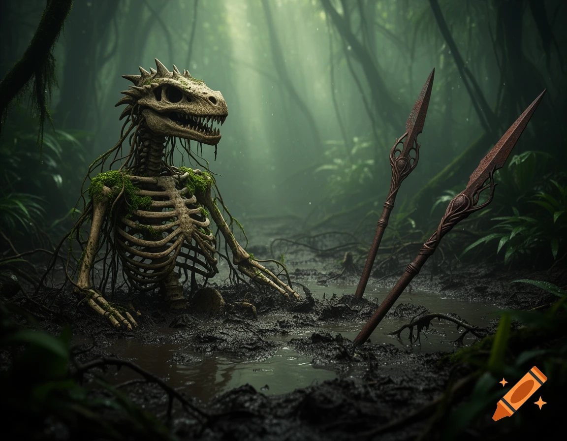 Photorealistic moss-covered lizardfolk skeleton in jungle mud with two rusted, ornate spears nearby. Misty, green-lit atmosphere.