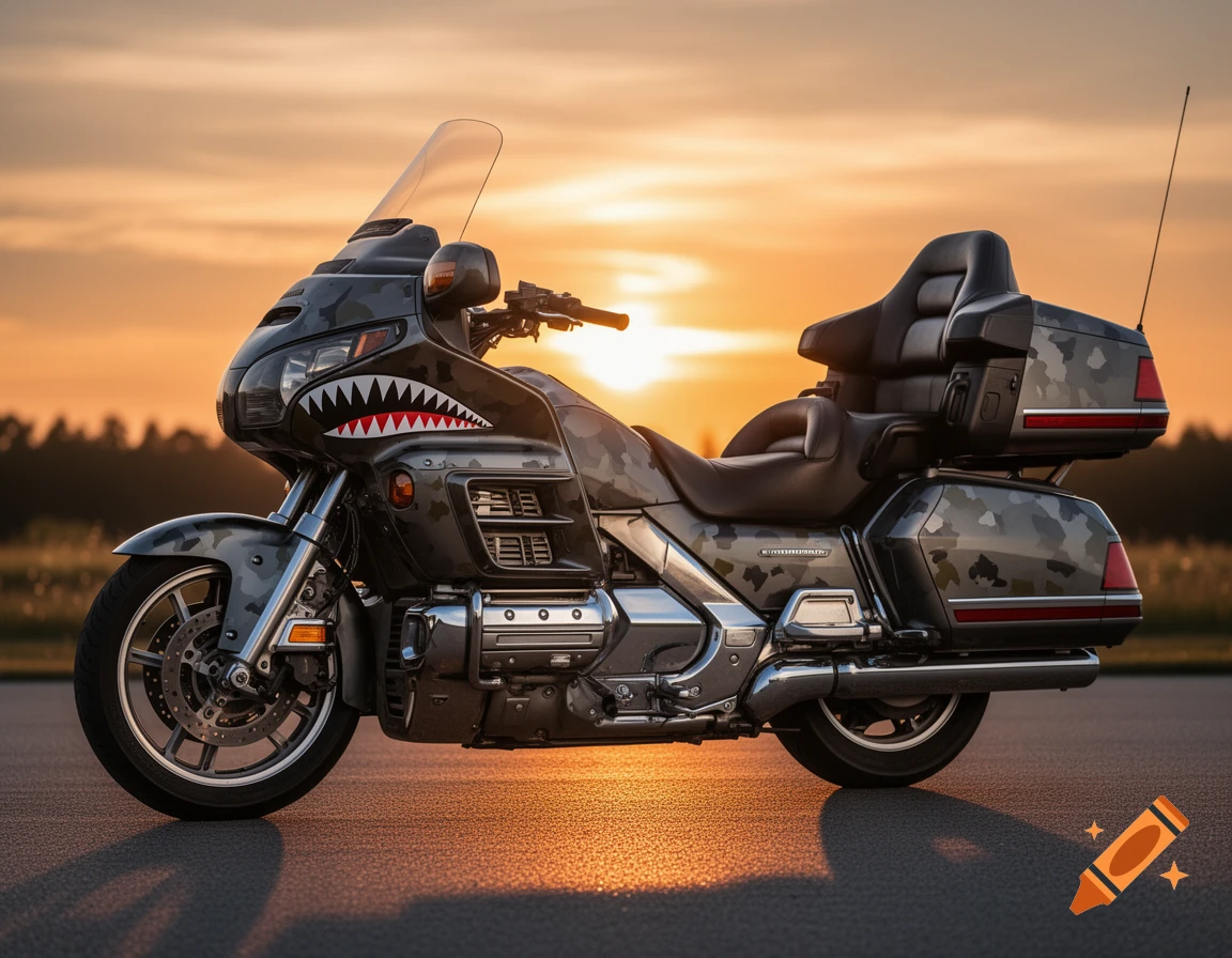 Photorealistic image of a camouflage-painted touring motorcycle with a shark mouth decal on the front fairing, parked against a sunset background.
