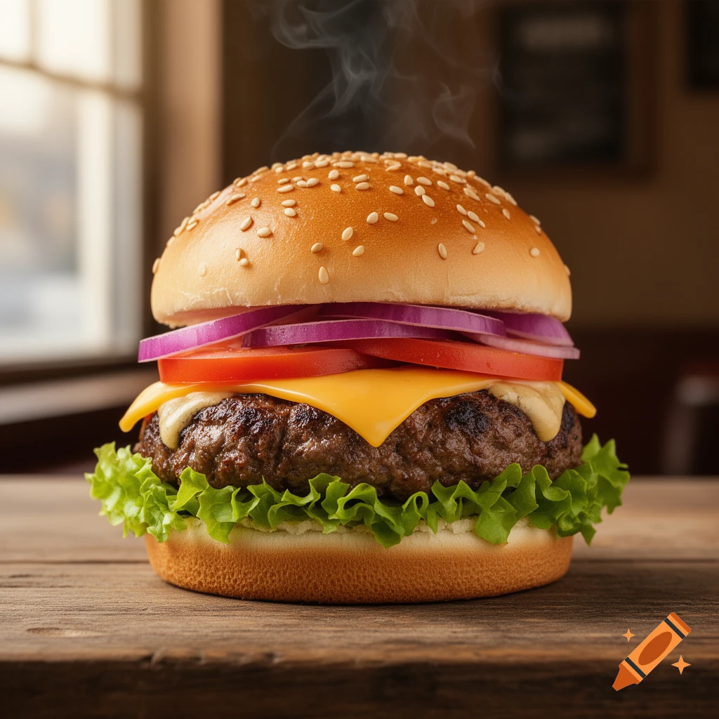 A close-up of a steaming burger with cheese, lettuce, tomato, and red onion on a wooden table, with a blurred window in the background.