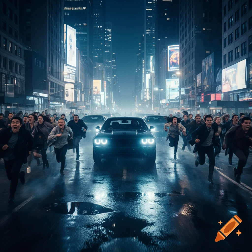 A terrified crowd runs down a wet, dark city street at night, away from two cars with glowing headlights. Skyscrapers line the background.