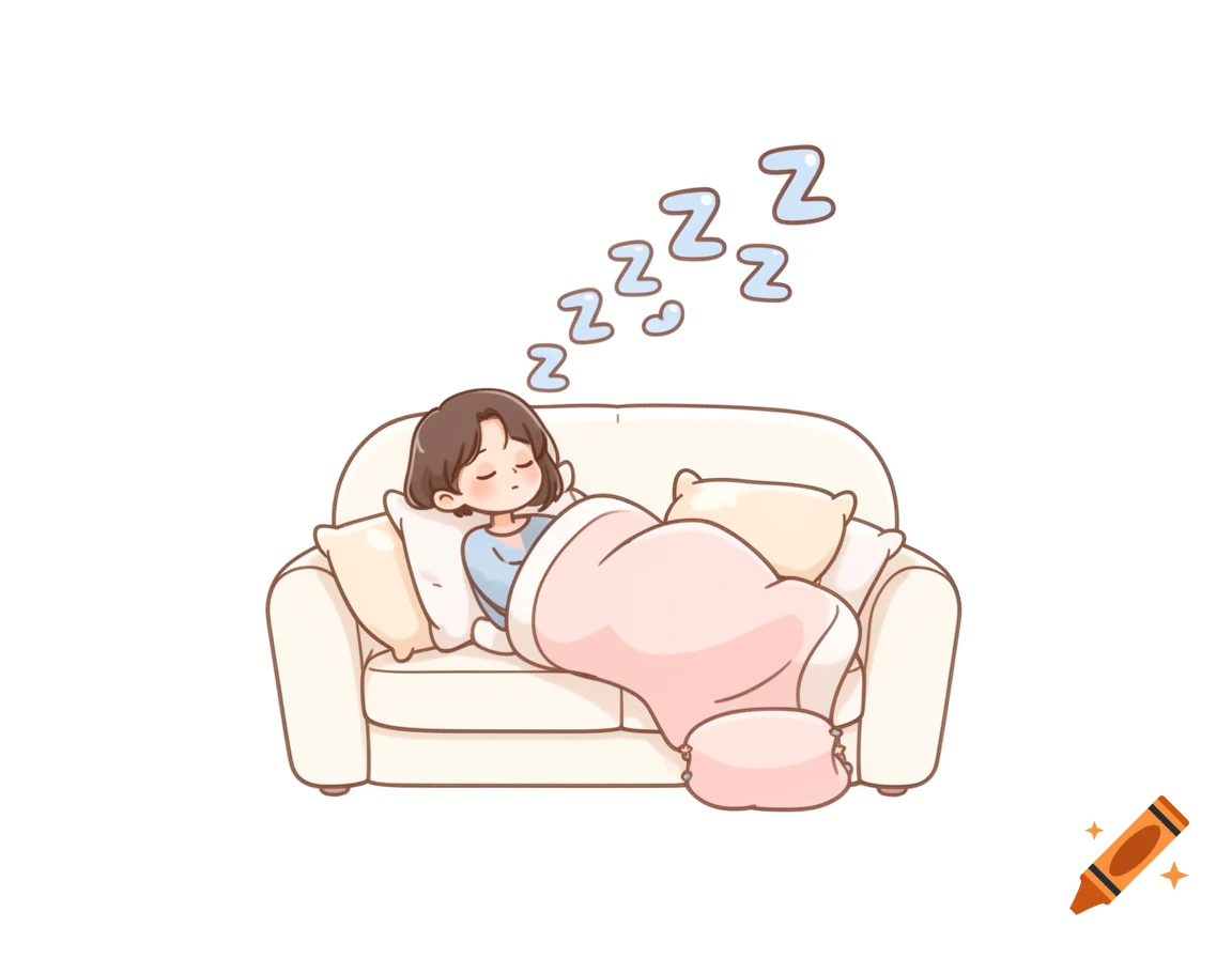 Cute cartoon illustration of a person sleeping soundly on a cream couch with a pink blanket and ZZZs floating above.