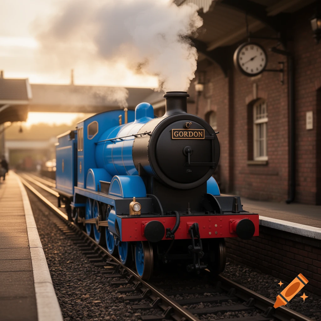 A photorealistic blue steam engine named Gordon sits on tracks at a train station, emitting smoke against a sunset sky.