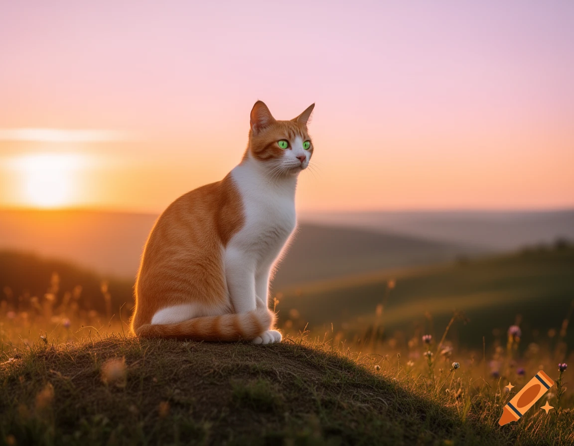 An orange and white cat with bright green eyes sits on a grassy hill ...