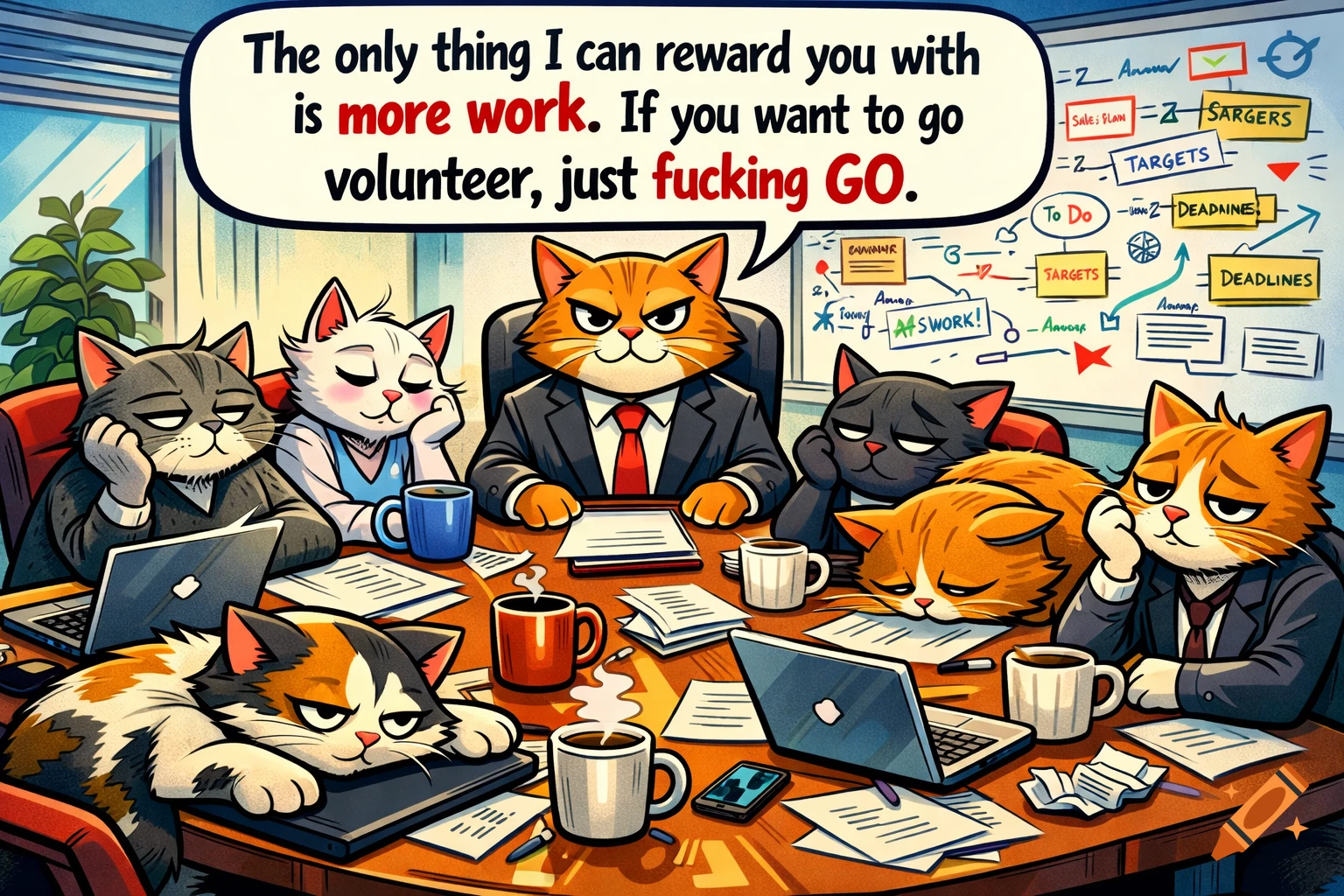 Humorous cartoon of tired anthropomorphic cats in an office meeting. A ...