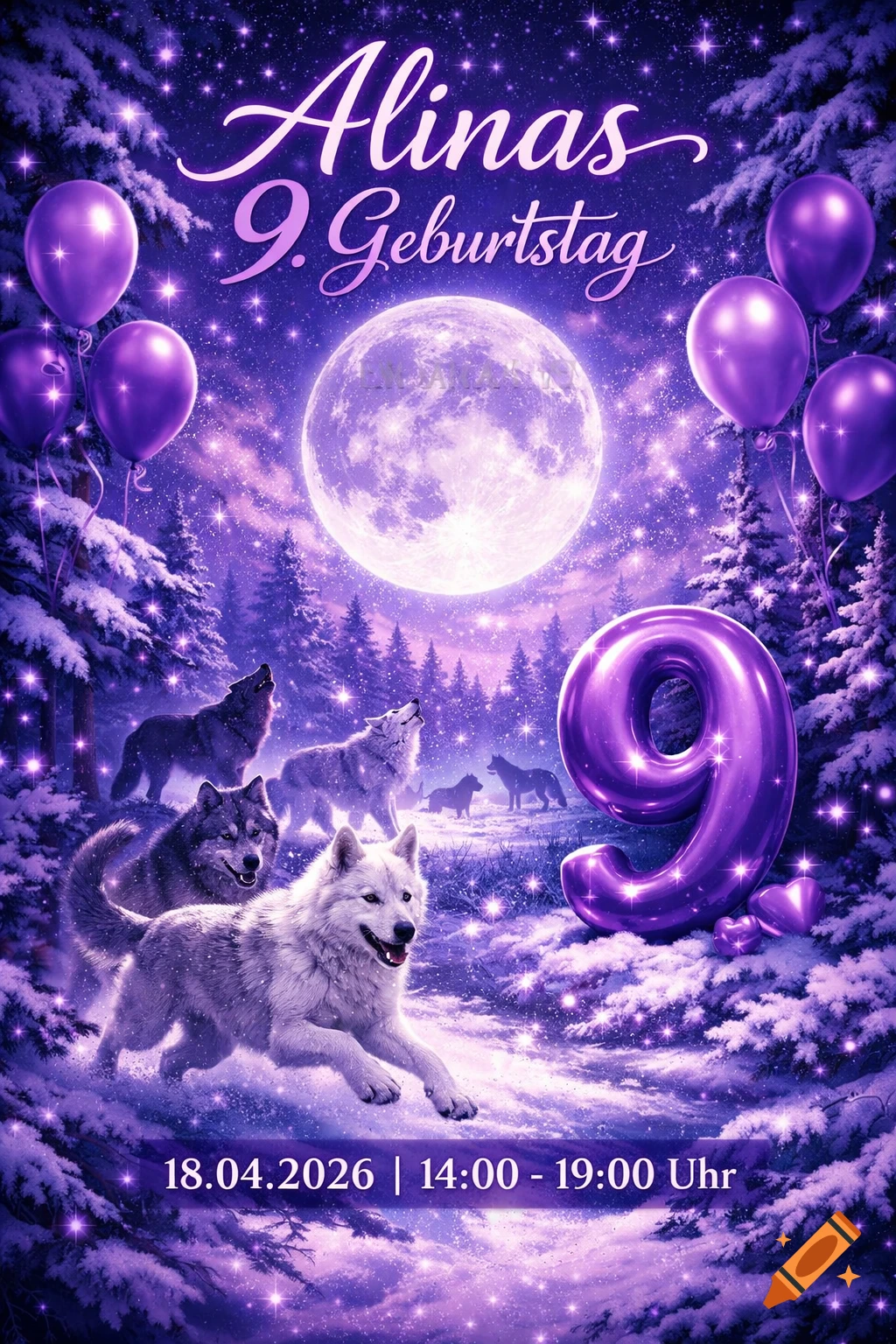 Alina's 9th birthday invitation with a magical snowy forest, purple balloons, a glowing moon, howling wolves, and the number nine.