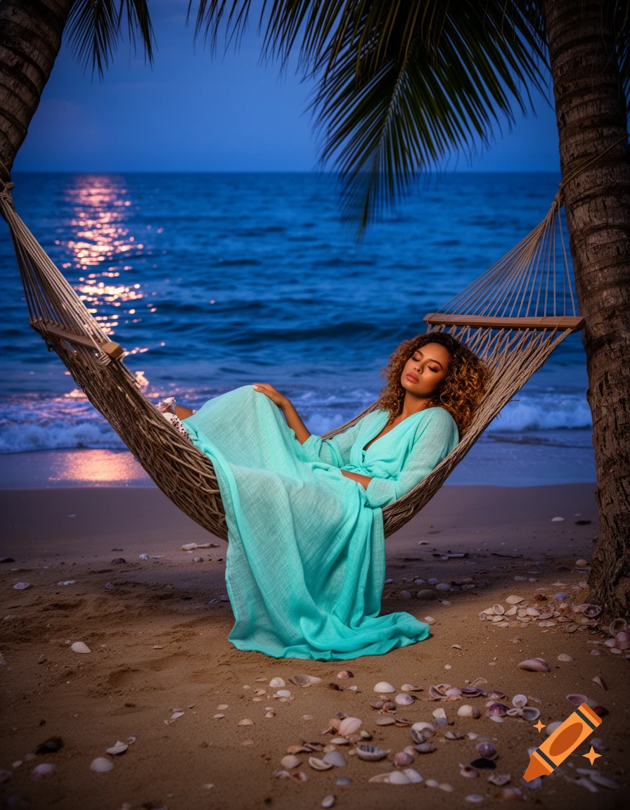 Photorealistic image of a woman in a turquoise dress relaxing in a hammock on a moonlit beach between two palm trees.