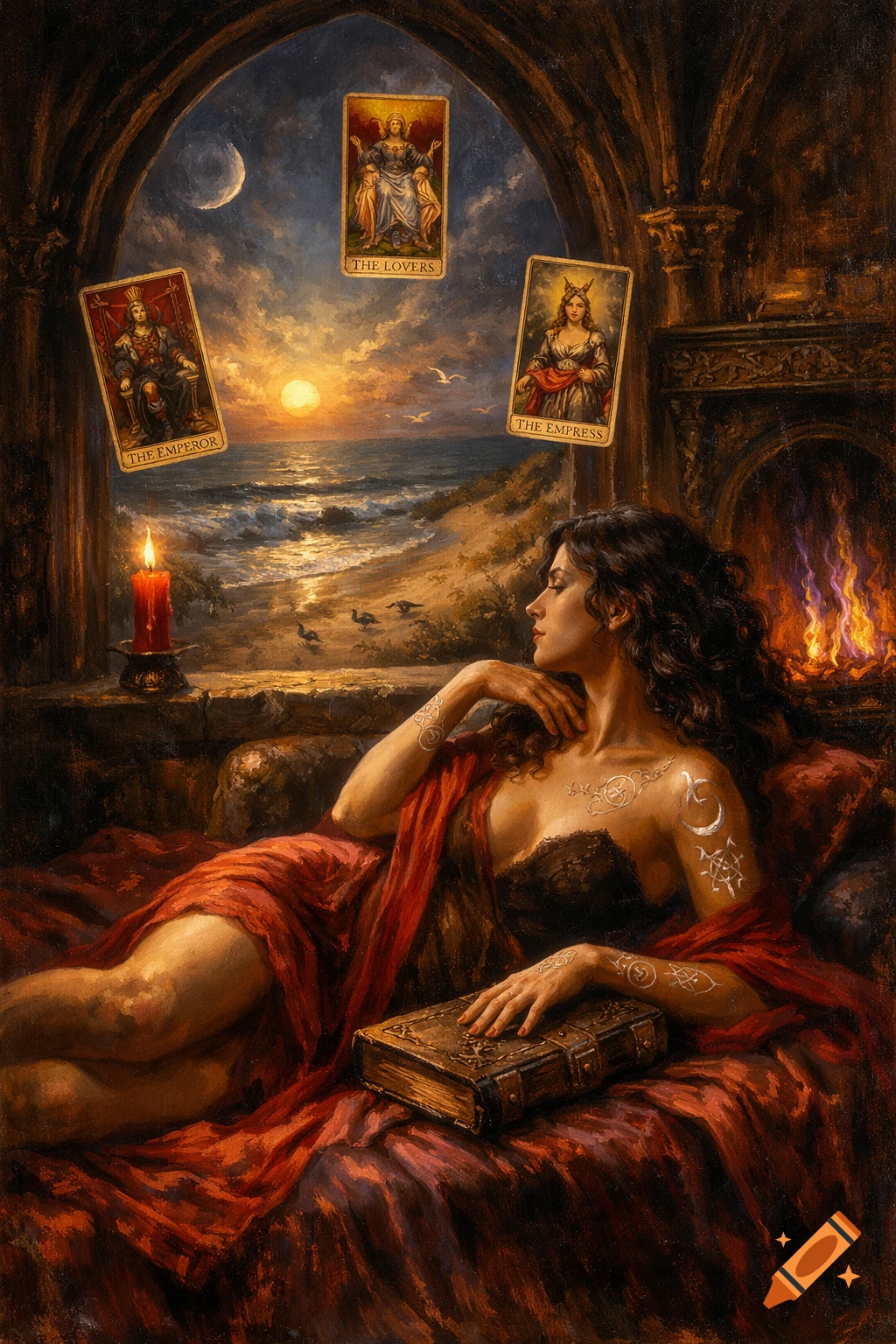 Oil painting of a woman reclining in a gothic room overlooking an ocean, with a candle, fireplace, and floating tarot cards.