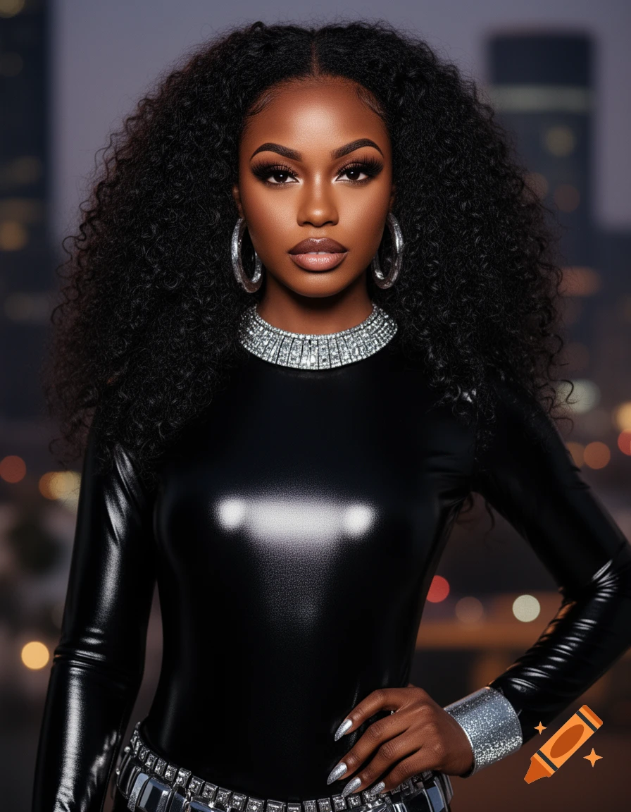 Photorealistic portrait of a woman with long curly hair, dramatic makeup, and silver jewelry, wearing a shiny black bodysuit against a blurred city background.