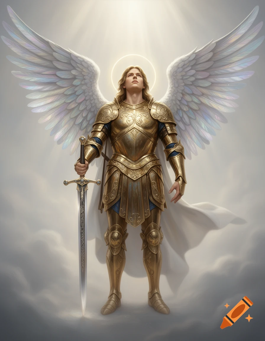 A male angel in shining golden armor with large white wings and a halo, holding a sword, looks upward against a bright, cloudy sky.