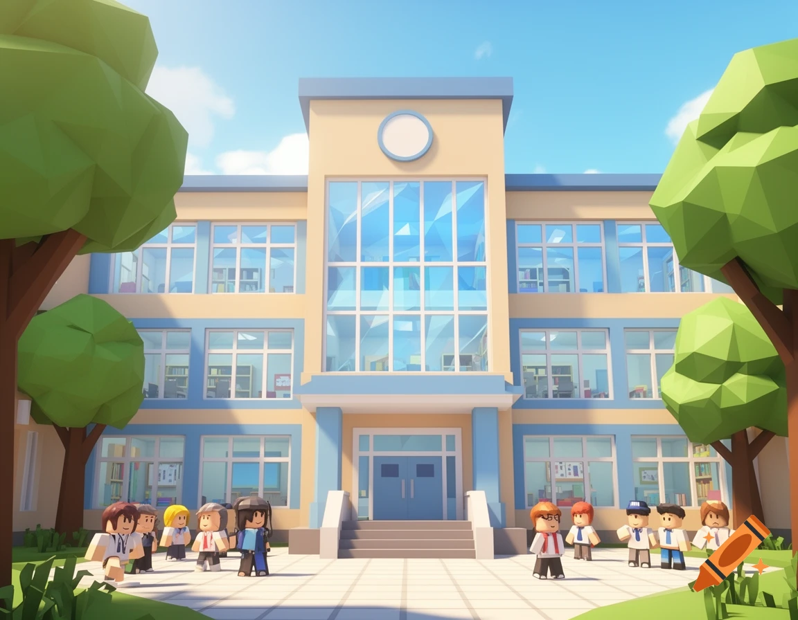 A low-poly 3D cartoon school building with a beige and blue facade, large windows, and students in the sunny courtyard with trees.