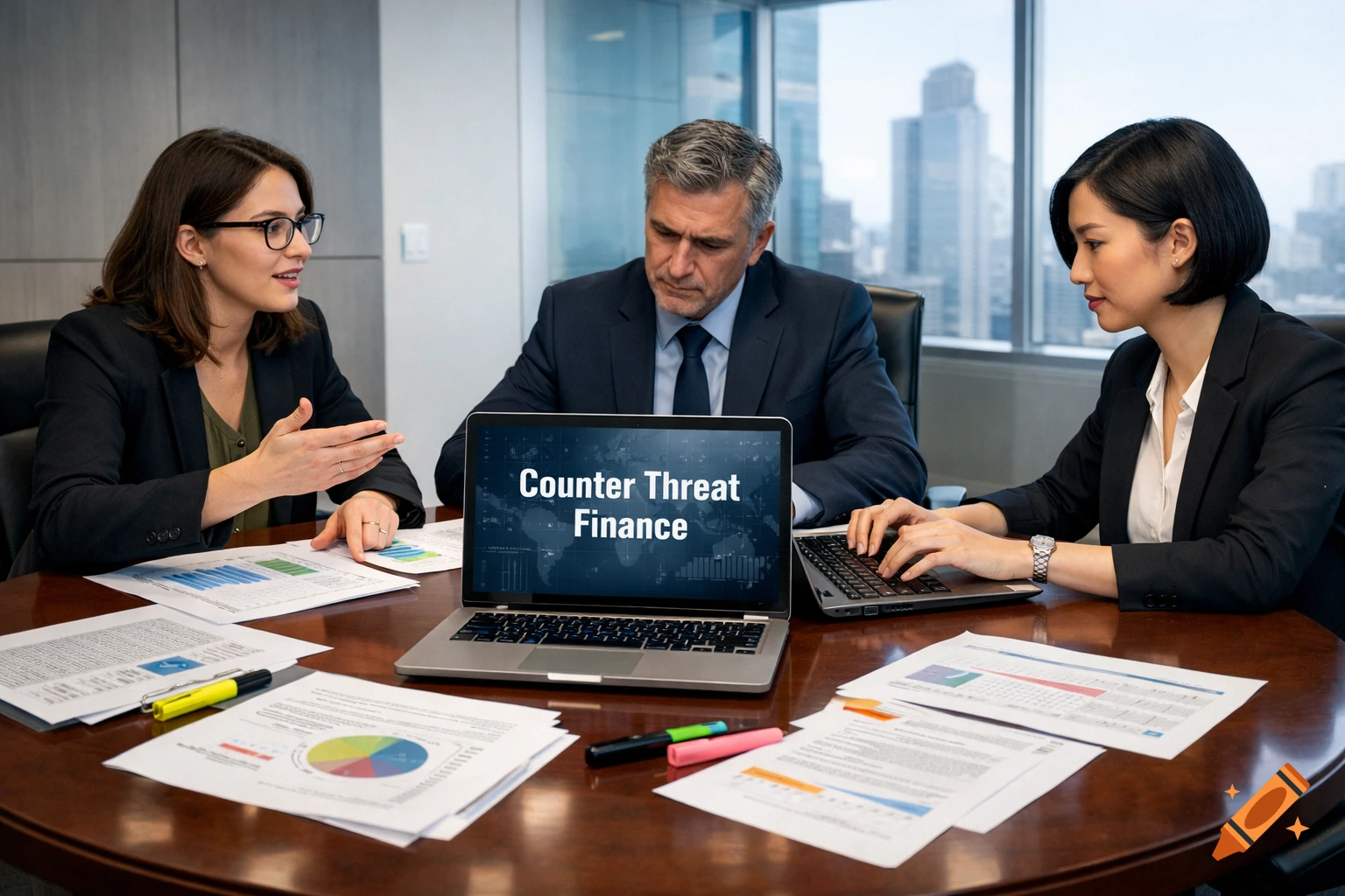 Three diverse analysts at a round table meeting, with one discussing a document and another typing on a laptop displaying 'Counter Threat Finance'.
