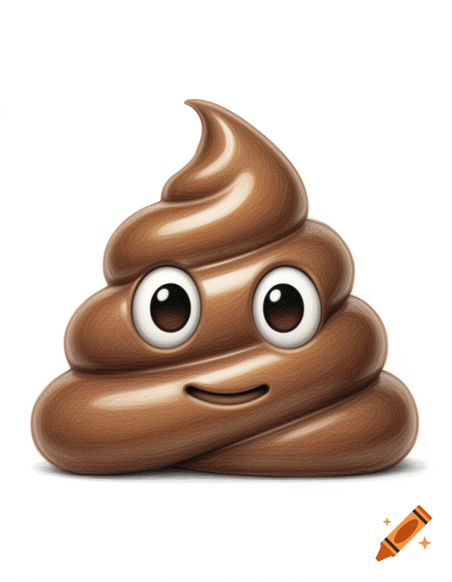 A smiling poop emoji, rendered in a detailed, illustrative style with subtle texture and shading, on a white background.