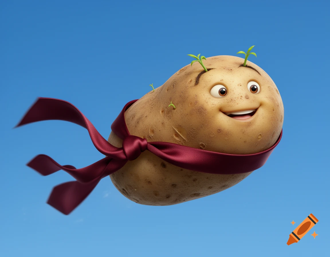 A happy cartoon potato with green sprouts and a maroon scarf flies against a clear blue sky, rendered in a cheerful 3D style.