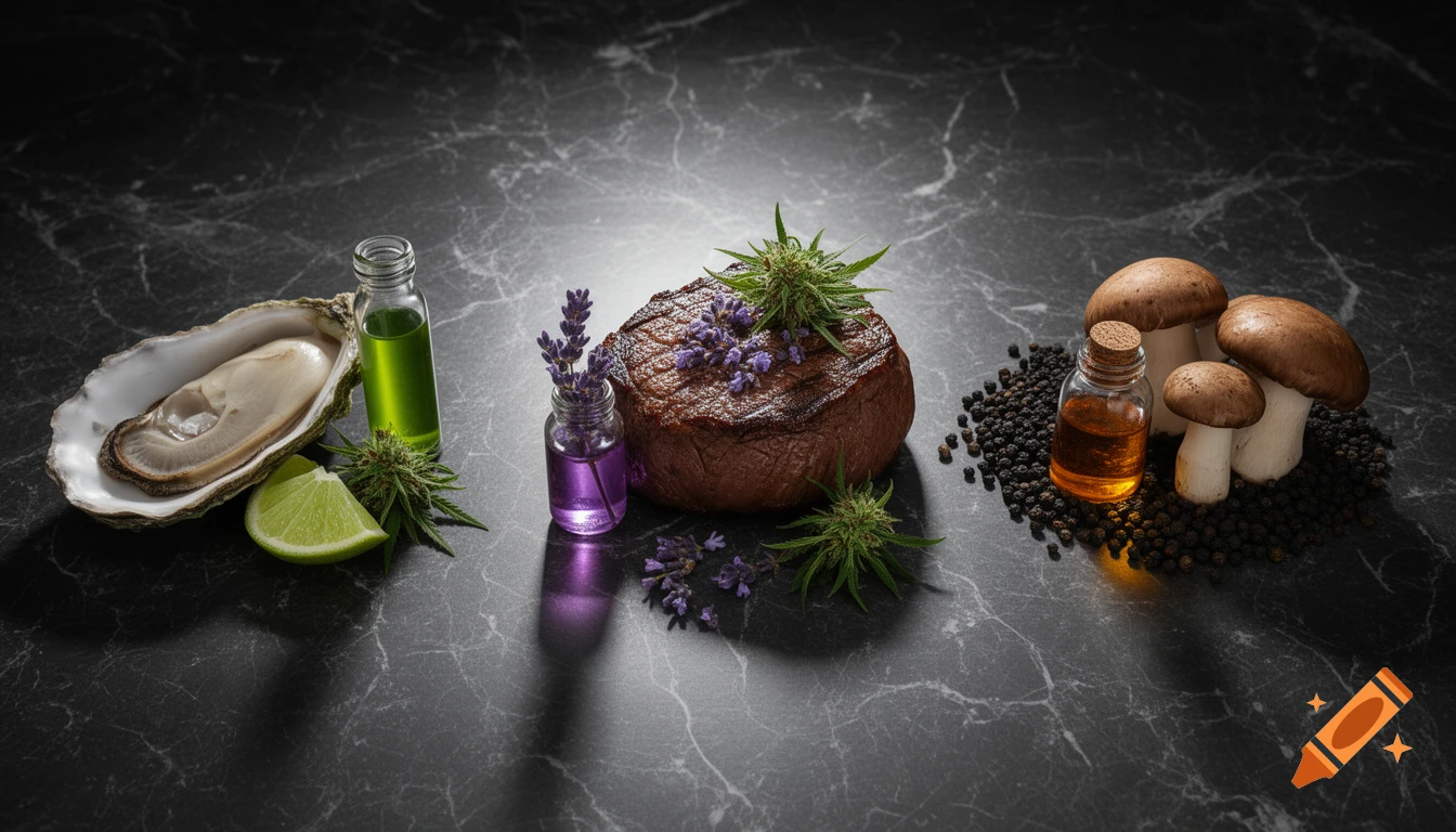 Photorealistic still life of food pairings including oyster, lime, steak, lavender, mushrooms, cannabis buds, and extracts on dark marble.