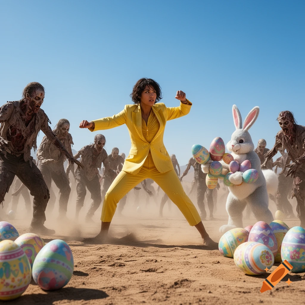 A person in a yellow suit and an Easter bunny fight zombies in a desert, surrounded by Easter eggs.