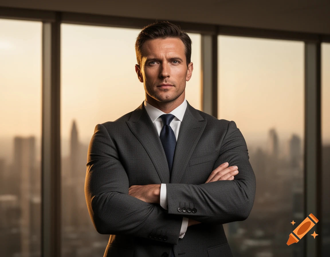 Photorealistic portrait of a serious businessman in a grey suit with crossed arms, standing by a window with a sunset city view.