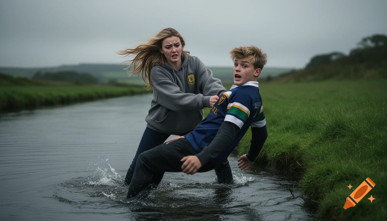 A dramatic, cinematic photo of a girl pushing a boy into a shallow river on an overcast day, surrounded by green fields.
