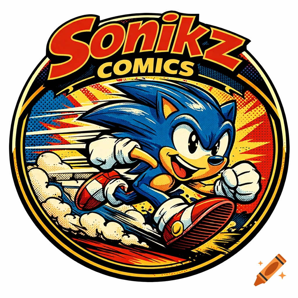 A circular logo featuring Sonic the Hedgehog running at high speed, surrounded by comic book-style speed lines and halftone dots, with "Sonikz COMICS" text above.