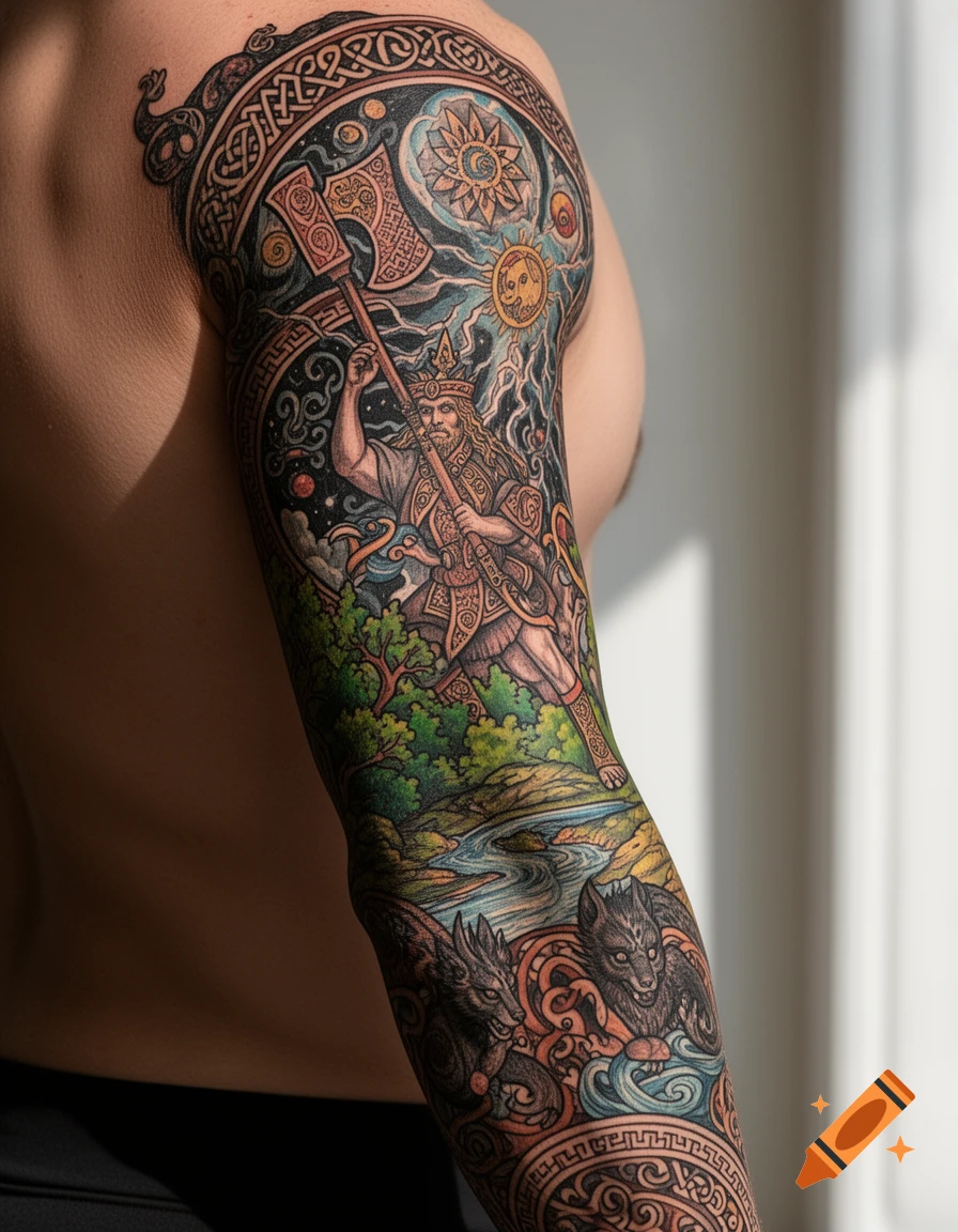 Detailed full arm sleeve tattoo depicting Slavic folklore with a figure, trees, river, and wolves.