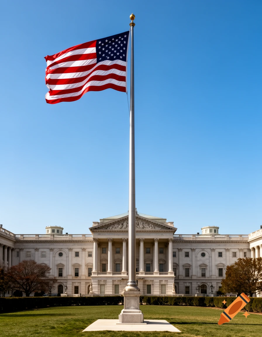The American flag flies from a tall flagpole in front of the U.S. Capitol Building under a clear blue sky.