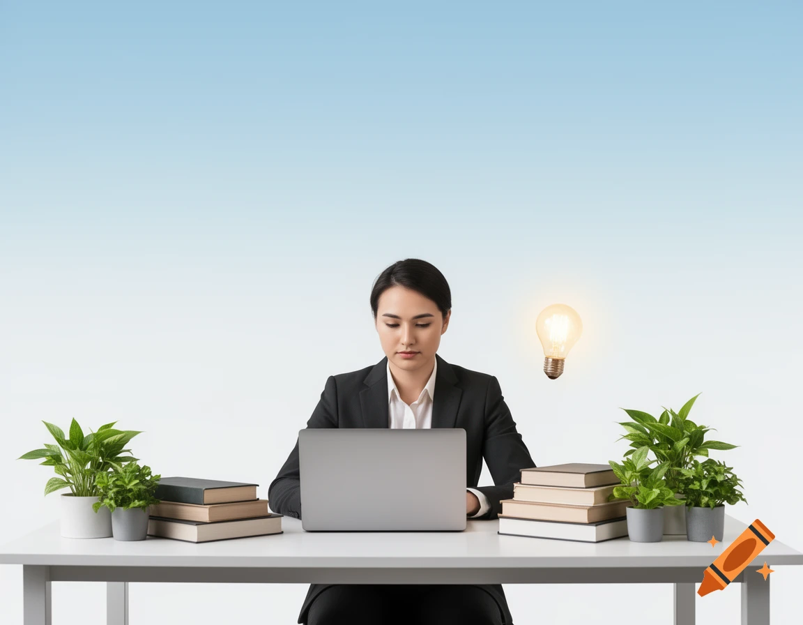 A professional woman works on a laptop at a modern desk with books, plants, and a glowing lightbulb, on a minimalist blue and white background.