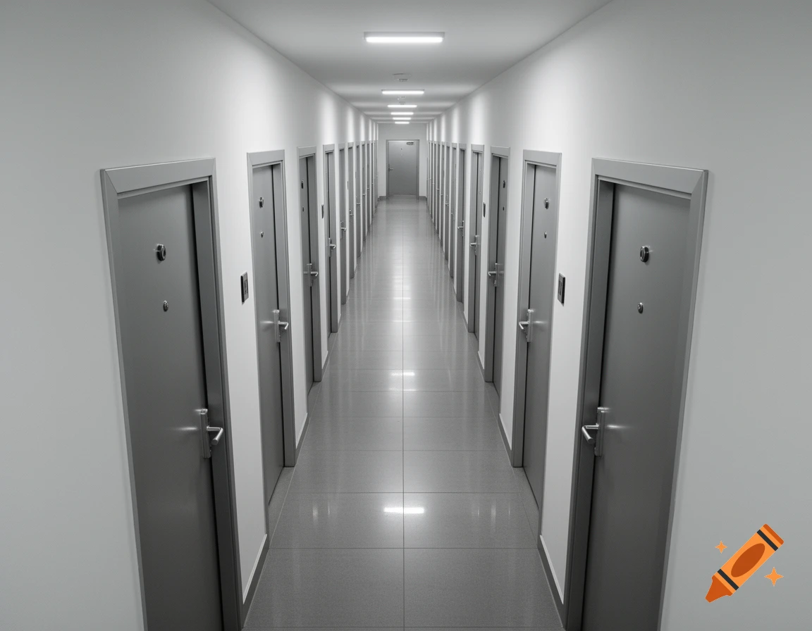 A long, empty monochrome hallway in a building, with numerous grey doors on both sides receding into the distance.