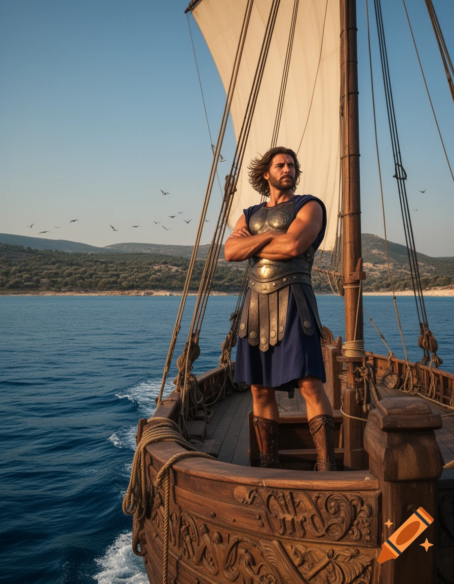 Photorealistic image of a man in ancient armor standing with crossed arms on a wooden sailboat, looking out over the sea.